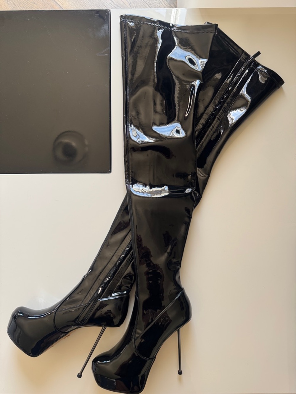 Giaro Brisa Black Patent Over-the-Knee Stiletto Boots.
